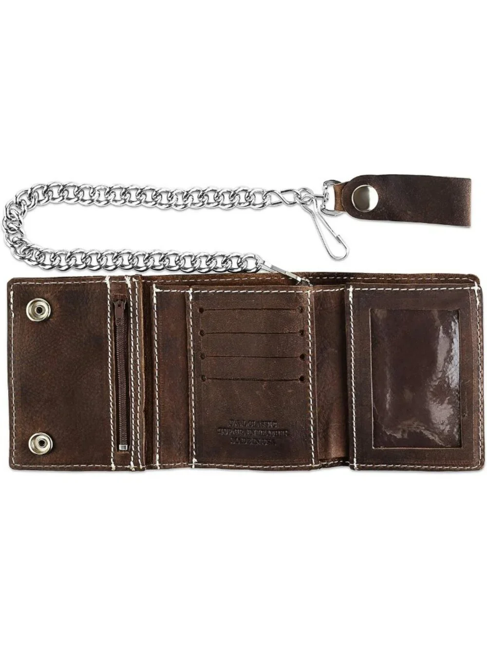Vintage Biker Tri-fold Leather Wallet with RFID Blocking, Steel Chain, Snap